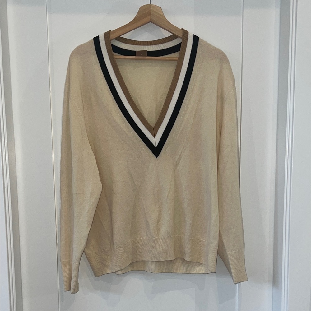 BOSS by Hugo Boss V-Neck Lightweight Knit Sweater in Cream - Medium